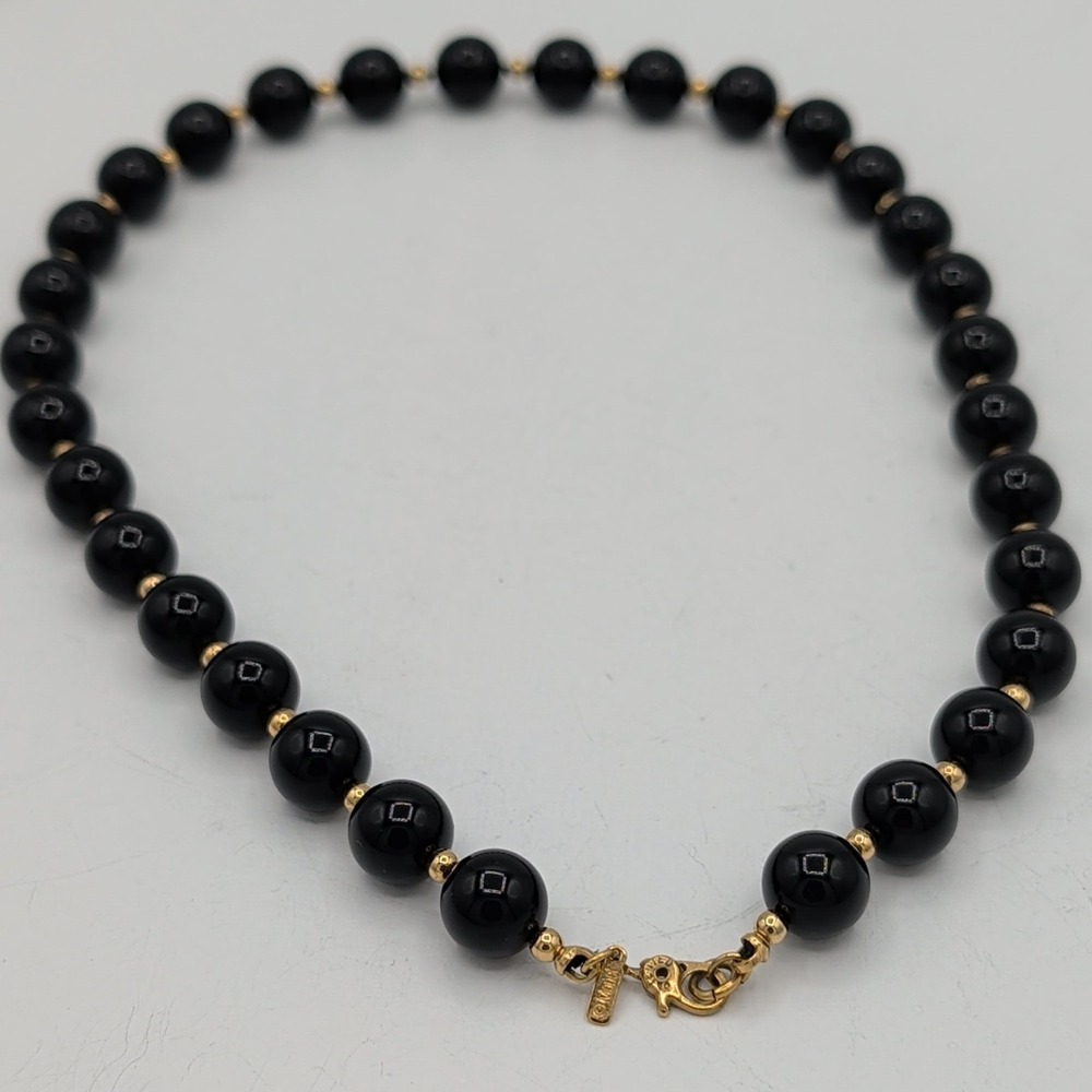 Vintage Monet Black Beaded Choker Necklace Gold Tone Spacers 15" - Picture 3 of 13